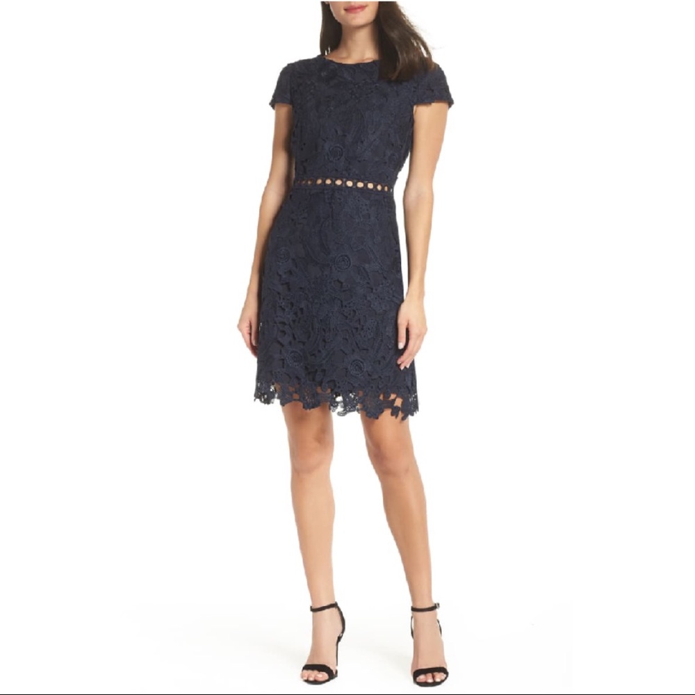 Sam Edelman Guipure Lace Cap Sleeve Sheath Dress In Navy Size 0